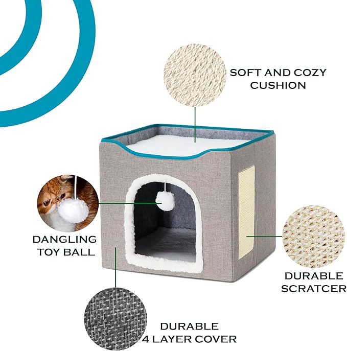 Cat Square Bed for Indoors Cats, Large Cat Cave for Pets,2 Cushion Lightweight and Foldable, with Scratcher and Fluffy Ball Hanging,Woll-Like Soft Cover,16”x14”, Gray