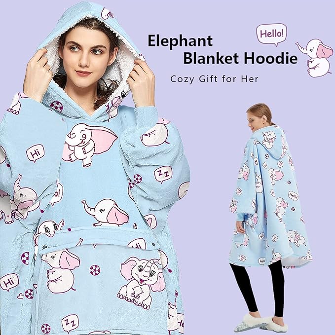 KFUBUO Wearable Blanket Hoodie for Adults Sherpa All Patterns Elephant Oversized Sweatshirt Blanket with Pockets Cute Hoodies Gifts for Women
