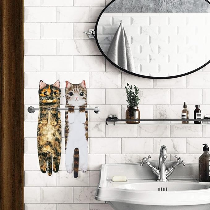 Cat Funny Hand Towels for Bathroom Kitchen- Cute Decorative Kitten Decor Hanging Face Towels- Unique Housewarming Valentines Mothers Birthday Gifts for Women Mom Cat Lovers