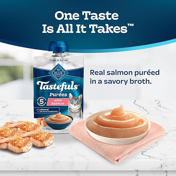 Blue Buffalo Tastefuls Purées with Salmon, Natural Cat Food Complement, Resealable Twist Cap Pouches, 3-oz. (12 Count)