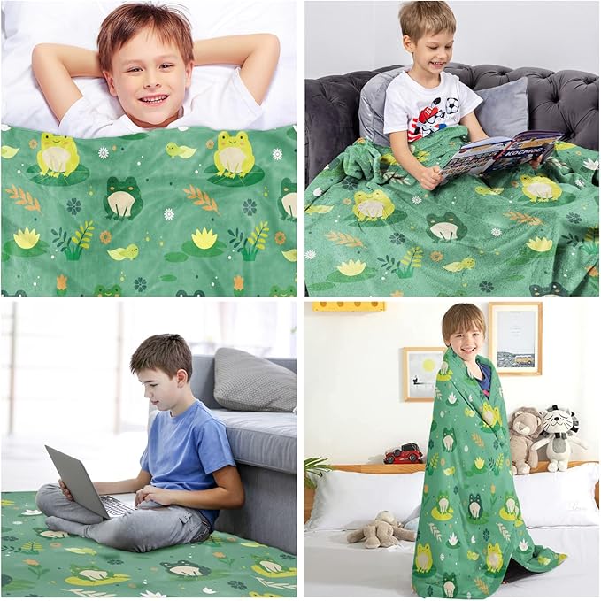 Cute Frogs Soft Flannel Lightweight Throw Blanket for Kids - All Season Cartoon Animal Blanket for Sofa, Couch, Bed - Decorative - 50x60 Inch