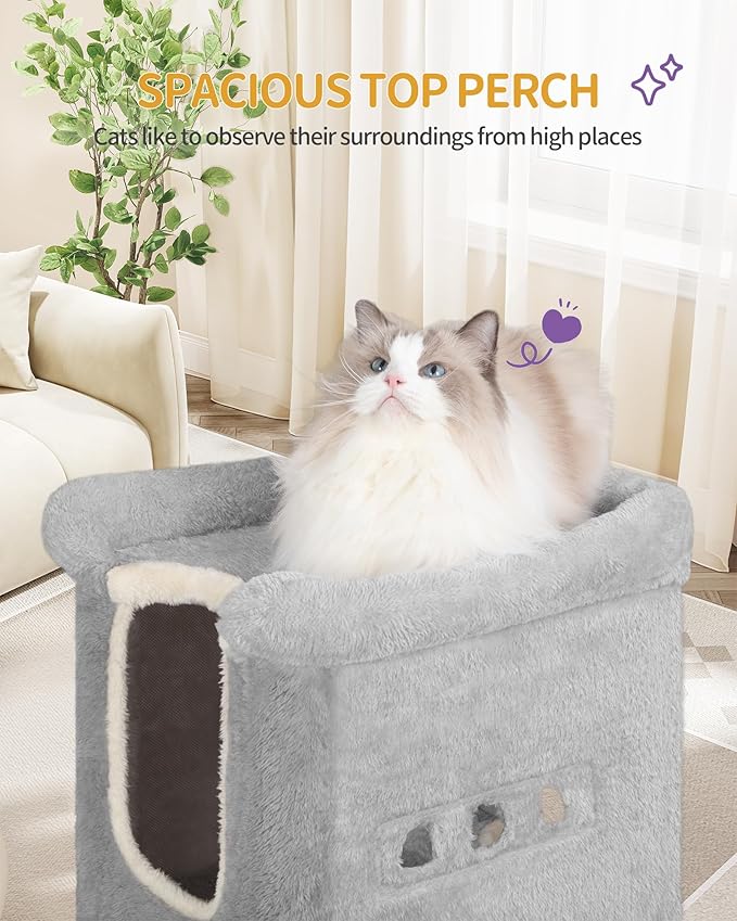 39-Inch Cat Scratching Post Tower with Bed, Cat Tower with LED Light Strip, Cat Scratcher Post with Woven Sisal, Condo, Pompom, Light Gray MS99018LG