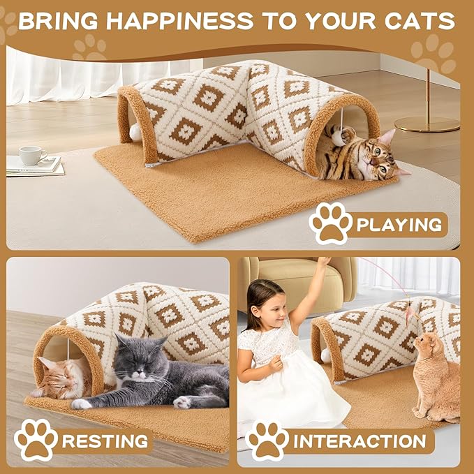 Cat Tunnel Bed for Indoor Cats, Large Size 26.5”x26.5”Soft Pet Tunnel Bed Playing Mat for Cats, Washable,Brown,Berber Fleece,Jacquard Pattern