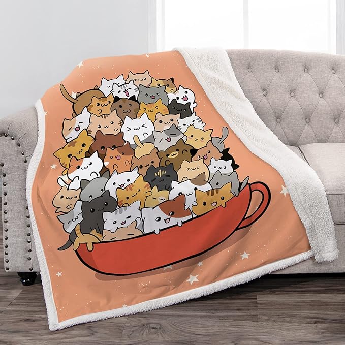 Jekeno Cat Blanket Gifts for Women - Unique Presents for Cat Lovers Mom Sister Daughter Birthday Christmas Valentines Room Decor Soft Comfy Plush Teacup Cats Sherpa Throw 50"x60" Orange