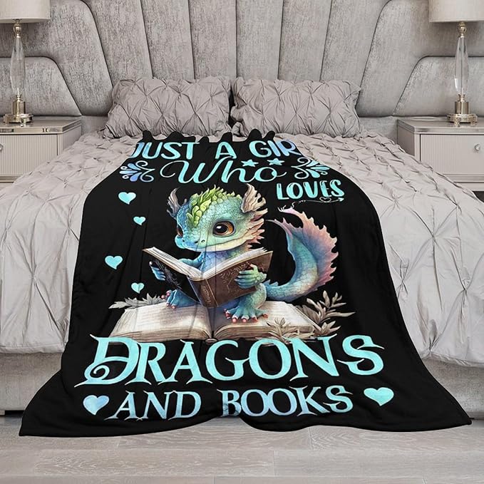 Just A Girl Who Love Dragons and Book Blanket Dragons Gifts for Girls Boys Woman Kids Read Lover Throw Blankets Soft Blanket Warm Fleece Flannel Plush Blankets for Bed Sofa Couch 60"x80"
