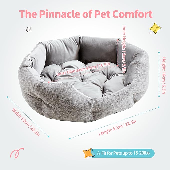 Made4Pets Cat Beds for Indoor Cats - Dog Beds for Small Dogs, Round Pet Bed for Puppy and Kitten, Washable Dog Bed with Anti-Slip Bottom, Removable Dual-Fabric Cushion for All Season, Grey