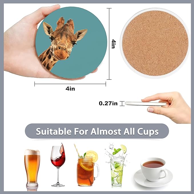 6 Pcs Coasters for Drinks with Holder,Funny Giraffe Absorbent Coaster with Cork Backing,Great Gift for Housewarming,Room Decor,Bar,Holiday Party