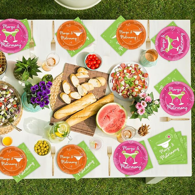 96pcs Margs & Matrimony Bachelorette Party Decorations Margs Plates Napkins Party Supplies Margarita Tableware Dinnerware for Birthday Bridal Shower Wedding Mexican Fiesta Favors for 24 Guests
