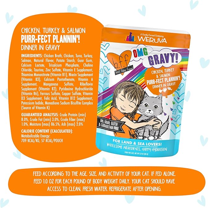 Weruva B.F.F. OMG - Best Feline Friend Oh My Gravy!, Purr-FECT Plannin'! with Chicken, Turkey & Salmon in Gravy Cat Food, 2.8oz Pouch (Pack of 12)