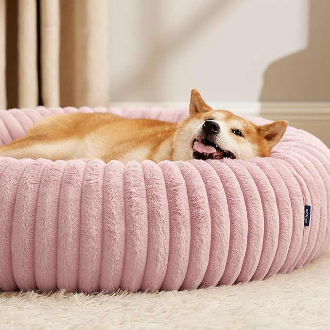 Bedsure Donut Large Dog Bed - Washable Faux Fur Dog Beds Large Sized Dog with Corduroy Fleece & Anti Slip Bottom, Round Pet Beds with Removable Cover, Blush Pink, 36x36x10 inches