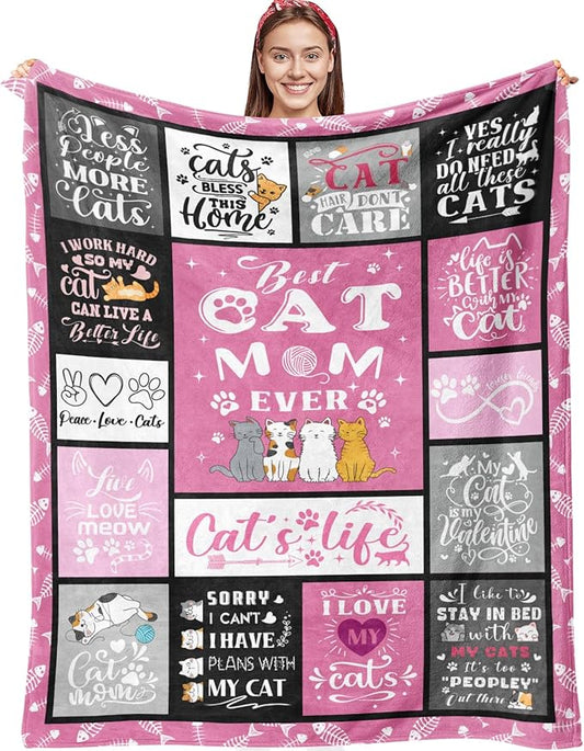 Cat Mom Blanket Gifts for Women Girls Soft Flannel Cat Throw Blanket Best Cats Mom Ever Blankets Gifts for Birthday Home Decor Adults 80"x60"
