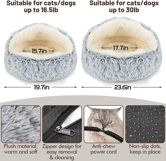 MEWTOGO 19.7in Heated Cat Bed with Hooded Cover - Warm & Soft Cat Cave Bed with Pet Heating Pad, 6 Levels Adjustable Temp & Timer, Washable for Small Pets Up to 16.5lb and Cat Gifts