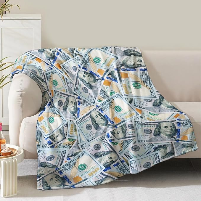 Money Blanket 100 Dollar Bills Print Gifts for Men Boys Women Kids Birthday Christmas Valentine Presents for Dad Mom Husband Wife Teens Wealth Theme Decor Bedroom Living Room Soft Cozy Throws 60"x50"