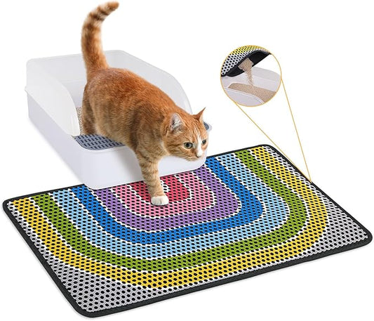 Bienbee Cat Litter Mat, 24"x15" Cat Litter Trapping Mat, Double Layer Litter Mat with Non-Slip Rubber Bottom, Urine and Water Proof, Keeps Floors Clean Rainbow M