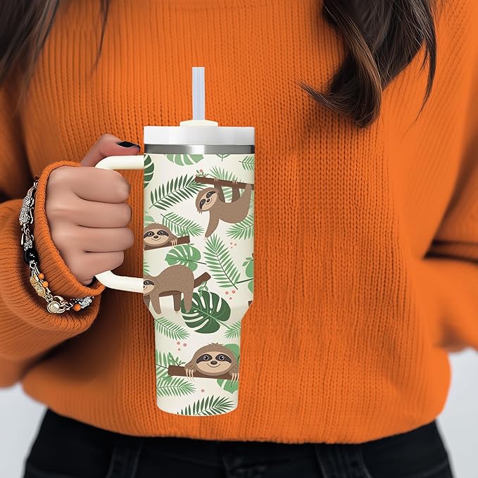 AMZUShome 40 OZ Sloth Tumbler with Handle.Sloth Lover Gifts.Unique Birthday Christmas Gifts for Sloth Lover.Personalized 40 OZ sloth Tumbler Gifts for Women Men.