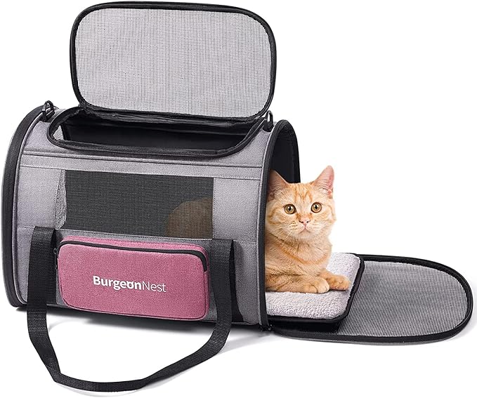 BurgeonNest Cat Carriers for Medium Puppy Under 25 lbs, Pet Carrier for Cats with Unique Side Bag,Top Load Small Pet Bag Soft-Sided Escape Proof with 4 Ventilated Windows