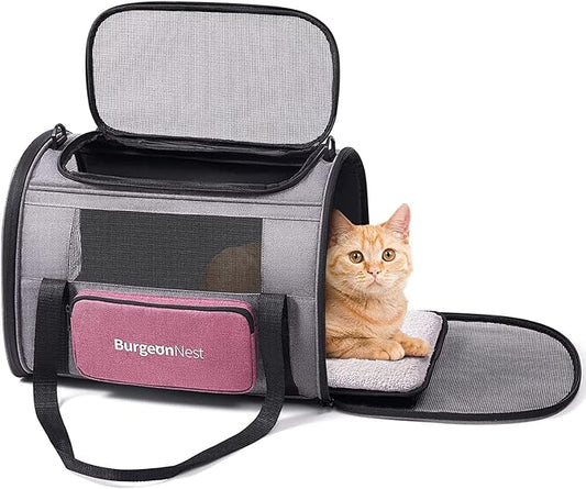 BurgeonNest Cat Carriers for Medium Puppy Under 25 lbs, Pet Carrier for Cats with Unique Side Bag,Top Load Small Pet Bag Soft-Sided Escape Proof with 4 Ventilated Windows