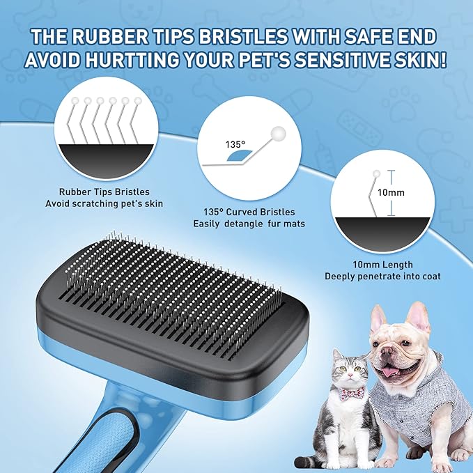 Dog Brush for Shedding, Self-Cleaning Slicker Brush, Perfect for Short & Long Haired Pets, Removes Mats, Tangles, Loose Fur, Gentle on Skin, Ideal for Small, Medium, Large Dogs. Blue