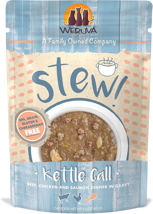 Weruva Classic Cat Stews!, Kettle Call with Beef, Chicken & Salmon in Gravy, 3oz Pouch (Pack of 12)