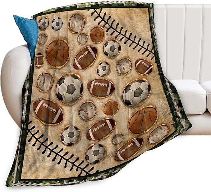 Vintage Sports Soccer Blanket Ultra Soft Cozy Plush Baseball Basketball Football Throw Blanket Sport Ball Fans Lovers Gifts Kids Adults Lightweight Flannel Comfy Blankets for Couch Sofa Bed 80"x60"