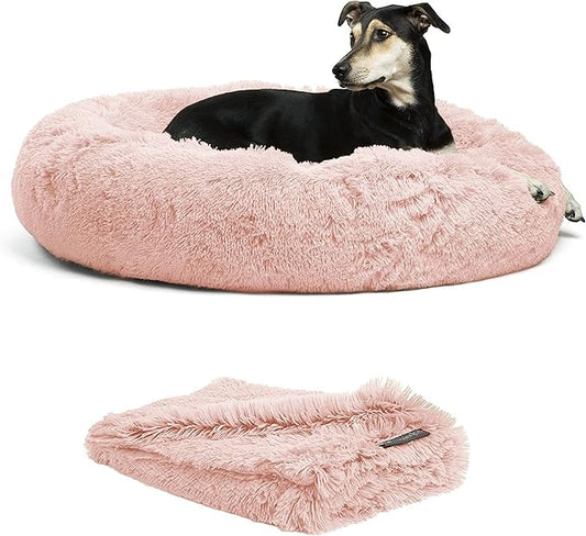 Best Friends by Sheri Bundle Set The Original Calming Shag Donut Cuddler Cat and Dog Bed + Pet Throw Blanket Cotton Candy Pink Large 36" x 36"