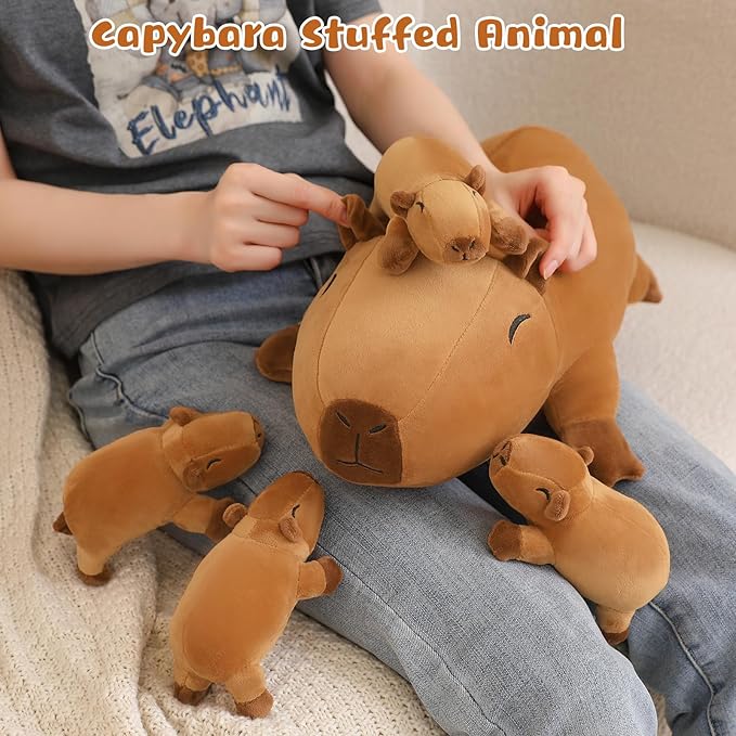 Capybara Plush Cute Capybara Stuffed Animal Pillow with 4 Baby Plushies in Her Tummy, Soft Cotton Stuffed Animals Toy Gifts for Kids