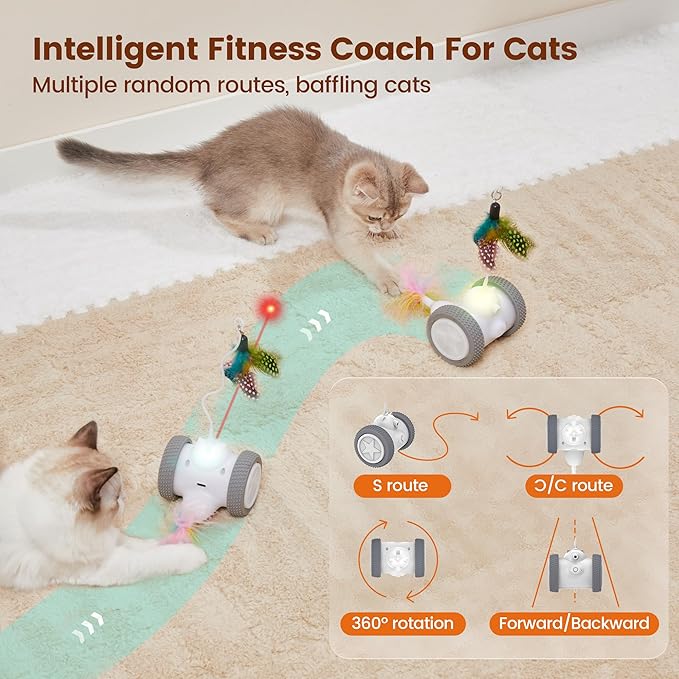 Potaroma Cat Laser Toys Interactive 3in1, Rechargeable, Automatic Moving Wheels, 2 Feathers, Indoor Kitten Exercise Kicker Toys, Assorted Colors Feathers for All Breeds