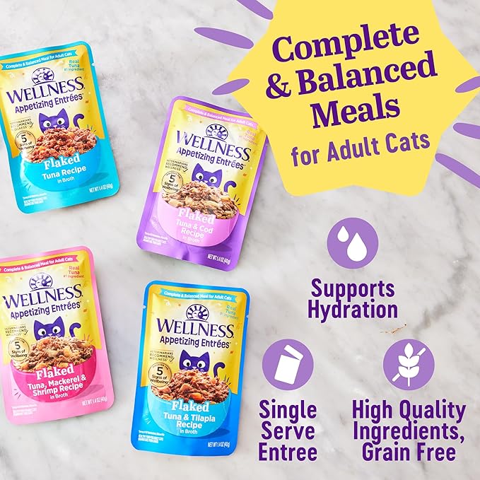 Wellness® Appetizing Entrées™ Flaked Tuna Recipe in Broth Natural Wet Cat Food, 1.4 oz Pouch (Pack of 8