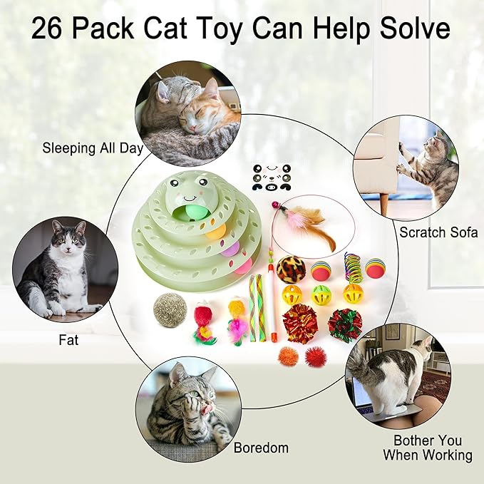 Suhaco 26 Pack Cat Toys Interactive for Indoor Cats Kitten Toy Fun Roller 4 Level Cat Teaser Ball Toys with 4 Colorful Balls Cat Feather Wand Kitty Toy Set for Boredom (Green)