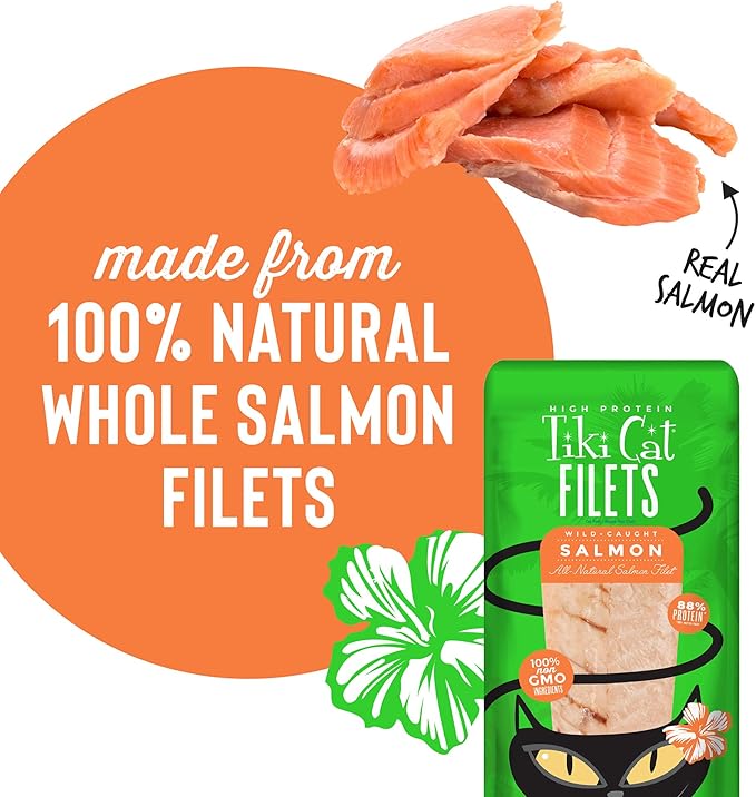 Tiki Cat Filet, All Natural Wild Caught Salmon, Single Ingredient High Moisture Non-GMO Wet Cat Food Topper, for All Life Stages, 1 oz. Pouch (Pack of 12)