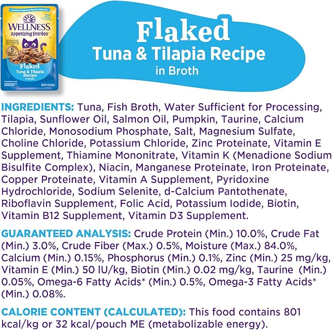 Wellness® Appetizing Entrées™ Flaked Tuna & Tilapia Recipe in Broth Natural Wet Cat Food, 1.4 oz Pouch (Pack of 8)