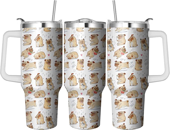 40 Oz Tumbler With Handle and Straw, Double Wall Stainless Steel Pug Coffee Cup, Insulated Mug for Dog Lovers, Dad or Mom Tumbler, Pug Gifts for Women and Men