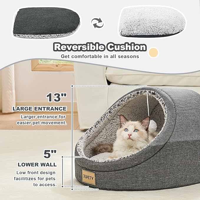 Jiupety Cute Cat Beds for Indoor Cats, Cat Cave Bed and Kitten Bed, Large Cat Cave and Covered Cat Bed with Anti-Slip Bottom, Washable Removable Cushion, M(16"x16"x13"), Dark Gray.