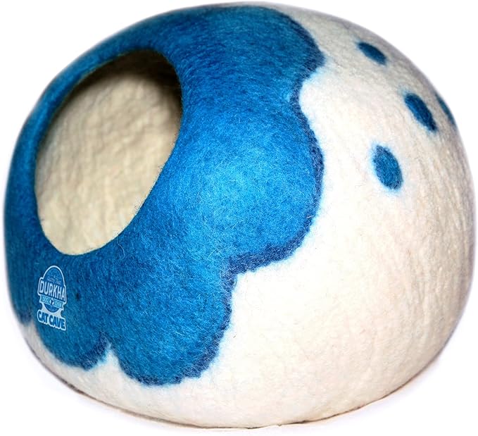 Felt Cat Cave Bed, Handmade Covered Cat Bed Cave, Wooly Cave for Cats, Dome Shaped Cat Pod, Cat Beds & Furniture, Felt Cat Beds for Indoor Cats (Turquoise and White with Dots)