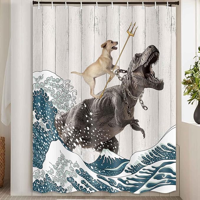 Boziqr Funny Dog Shower Curtain, Japanese Ocean Wave Dinosaur Rustic Barn Door Decor Fabric Bathroom Curtains Set, Cute Animal Kids Polyester Fabric Waterproof, 60 X 70 Inches