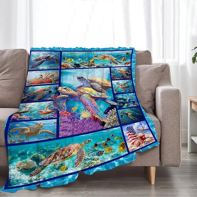 Sea Turtle Blanket Ultra Soft Cozy Sea Turtle Throw Blanket Fleece Fuzzy Plush Bedding Marine Life Lovers Gifts for Women Girls Kids Adults Couch Sofa 50"x40"