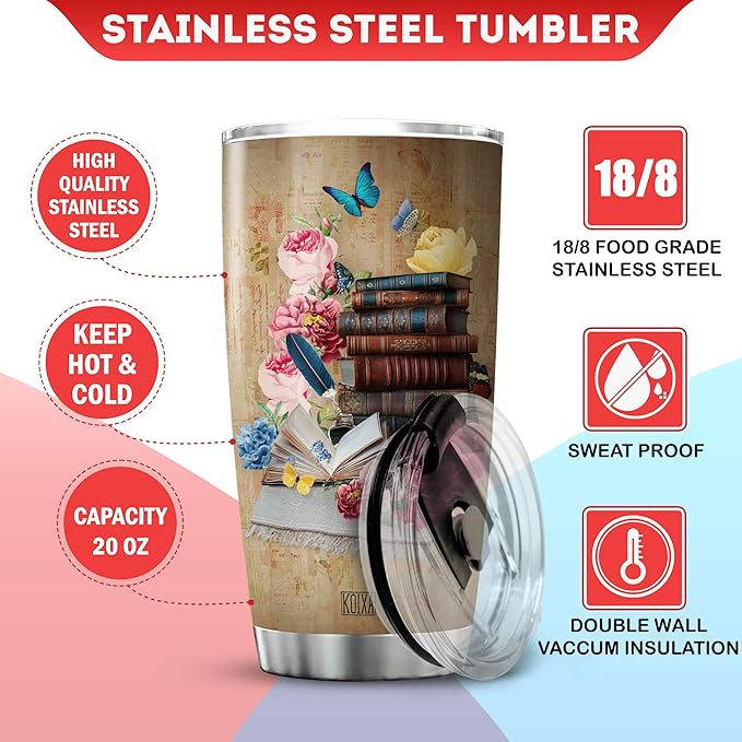 Book Lover Insulated Tumbler Drink Tea Read Books Inspirational Mug With Lid 20oz Vintage Bookworm Bookish Coffee Cup Reading Themed Gifts For Women Stainless Steel Tumblers