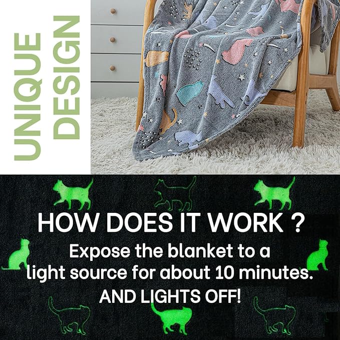 Glow in The Dark Cute Cat Throw Blanket- Soft Throw Kids Blanket for Girls Boys, Camping/Travel Blanket, Gifts for Children, Day Care Home Office Use