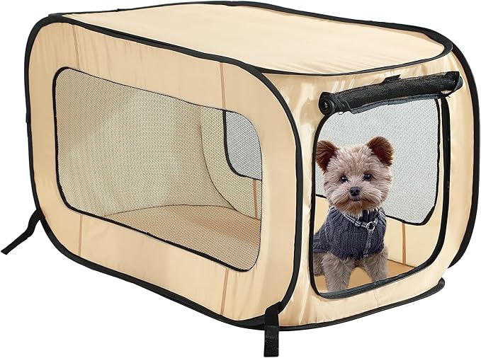 Beatrice Home Fashions Portable, Collapsible, Pop Up Kennel Travel Cat and Dog Crate, 24" L x 16.6" W x 16" H, Beige