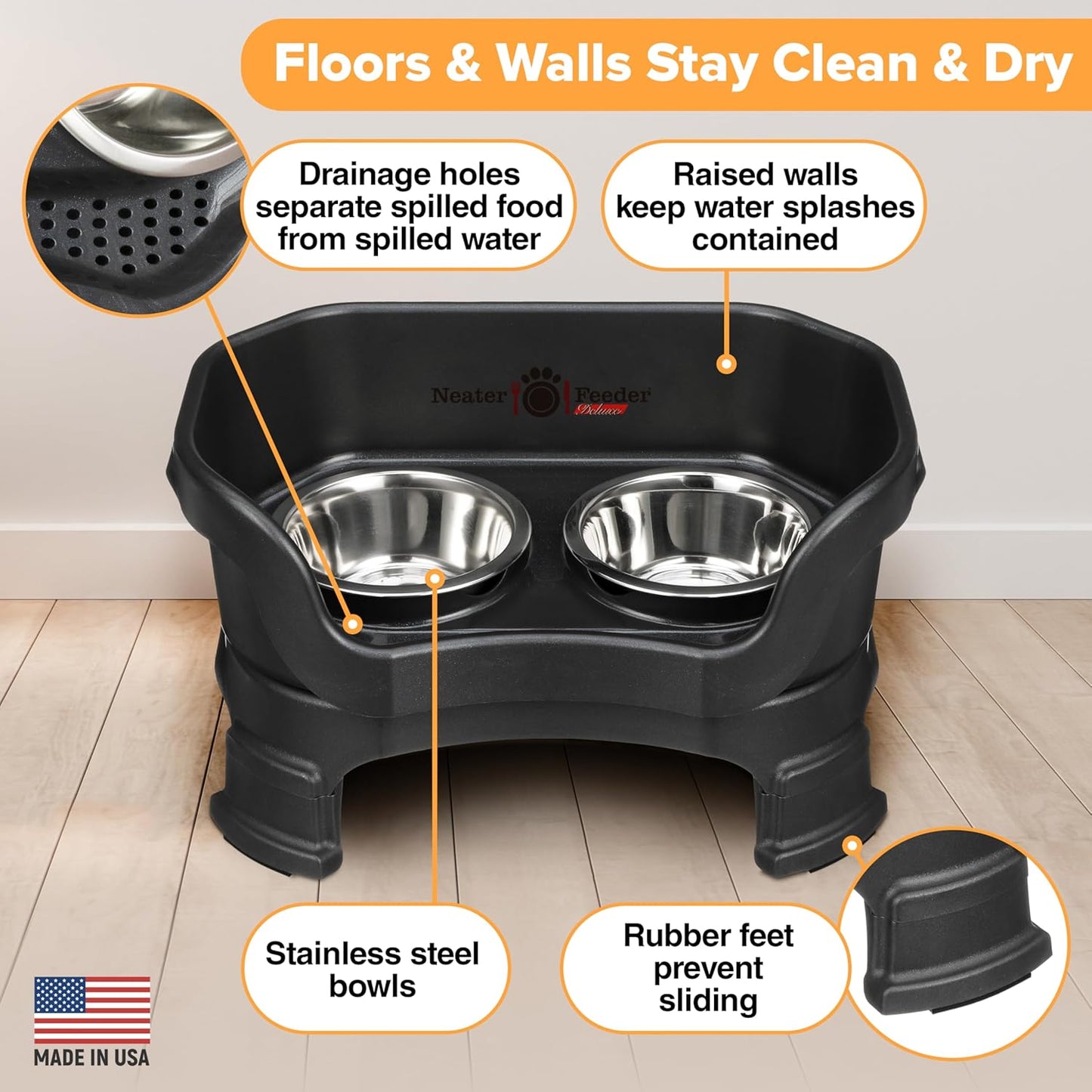 Neater Feeder Deluxe Mess Proof Cat Bowls Elevated for All Breeds – Made in USA – No Spill Raised Cat Bowls for Indoor Cats w/Leg Extensions – Stainless Steel Cat Food and Water Bowl Set - Black