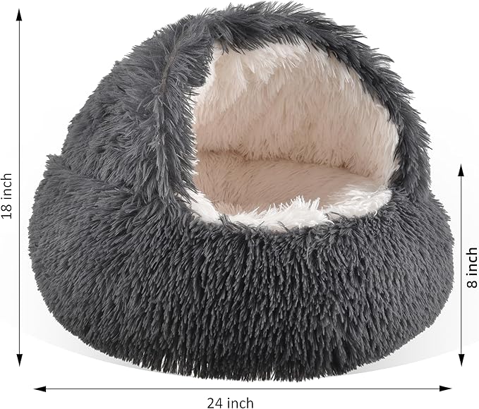 Cat Bed Round Plush Fluffy Hooded Calming Cat Bed Cave,Self Warming pet Bed with Non-collapsed Cover for Indoor Cats or Small Dogs,Washable,Anti-Slip Waterproof Bottom,24",Dark Grey