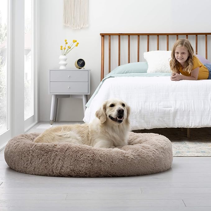 Brindle Donut Cuddler Pet Bed - Calming Anti-Anxiety Dog and Cat Bed - Plush Cozy and Washable Bed - Ergonomic Support, Large, Taupe