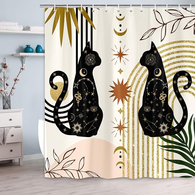 Boho Black Cat Shower Curtain, Cute Animal Mid Century Modern Moon Shower Curtains, Abstract Phase Fancy Geometric Aesthetic Leaf Fabric Shower Curtain Restroom Decor Accessories with Hooks 72X72