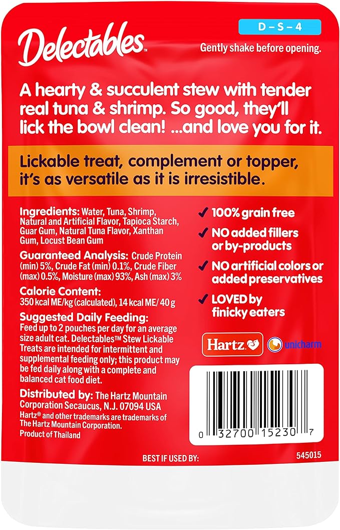 Hartz Delectables Stew Lickable Wet Cat Treats for Adult & Senior Cats, Tuna & Shrimp, 12 Count, 1.4 Ounce (Pack of 12)