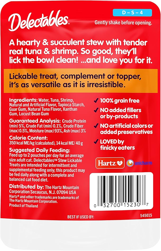 Hartz Delectables Stew Lickable Wet Cat Treats for Adult & Senior Cats, Tuna & Shrimp, 12 Count, 1.4 Ounce (Pack of 12)