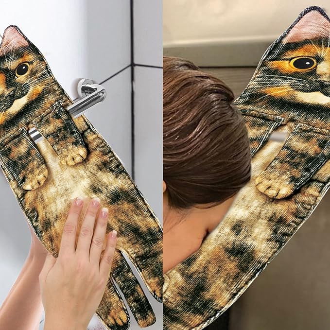 Cat Funny Hand Towels for Bathroom Kitchen- Cute Decorative Kitten Decor Hanging Face Towels- Unique Housewarming Valentines Mothers Birthday Gifts for Women Mom Cat Lovers