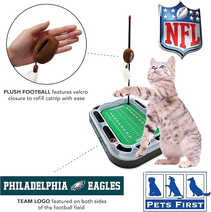KITTY TOYS NFL PHILADELPHIA EAGLES FOOTBALL FIELD CAT SCRATCHER TOY with CATNIP Filled Plush FOOTBALL Toy & Feather Cat Toy hanging, with Jingle Bell INTERACTIVE BALL Cat Chasing 5-in-1 KITTY Toy