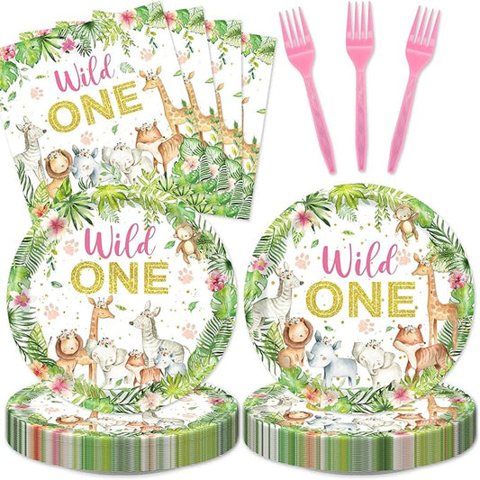 48Pcs Wild One Birthday Decorations Jungle Safari Theme Tableware Set Wild Animals Disposable Plates Napkins Forks Serves 16 Safari Baby Shower Decorations