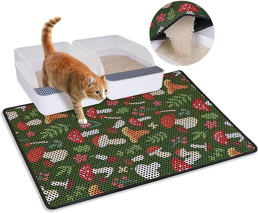Bienbee Cat Litter Mat, 30"x24" Litter Mat Double Layer Litter Trapping Mat, Reduces Tracking and Keeps Floors Clean,Jungle Mushroom L