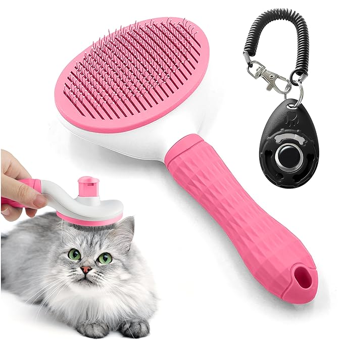 Cat & Dog Grooming Essentials: Self-Cleaning Slicker Brush for Shedding, Long Hair & Clicker for Training (PINK)